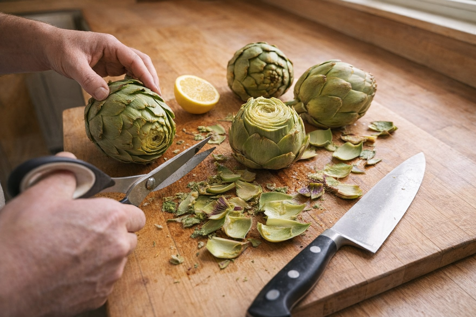Close up of artichokes being prepped on a wooden cutting board, knife and scissors nearby, lemon half visible, bright overhead kitchen lighting